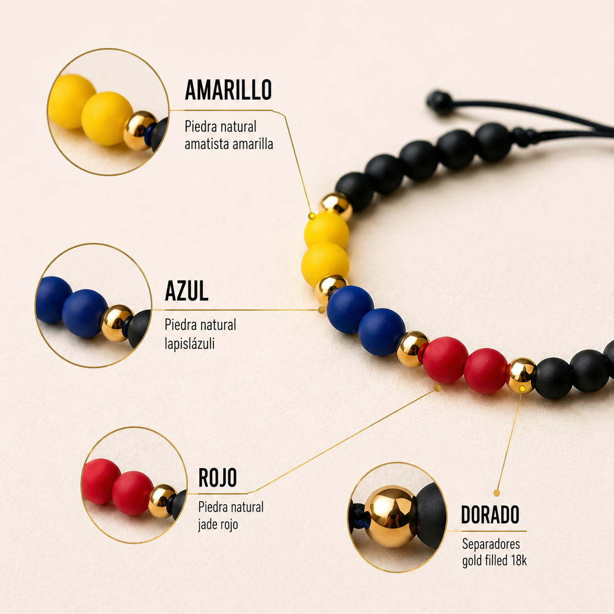 Materiales Manilla Colombia — Amatista, Lapislázuli, Jade Rojo, Gold Filled 18K